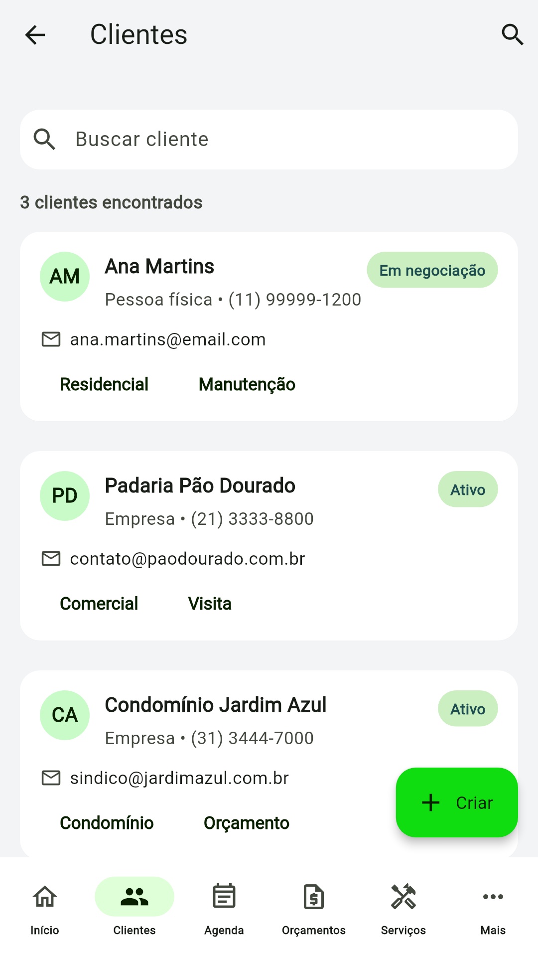 Tela do app: Clientes