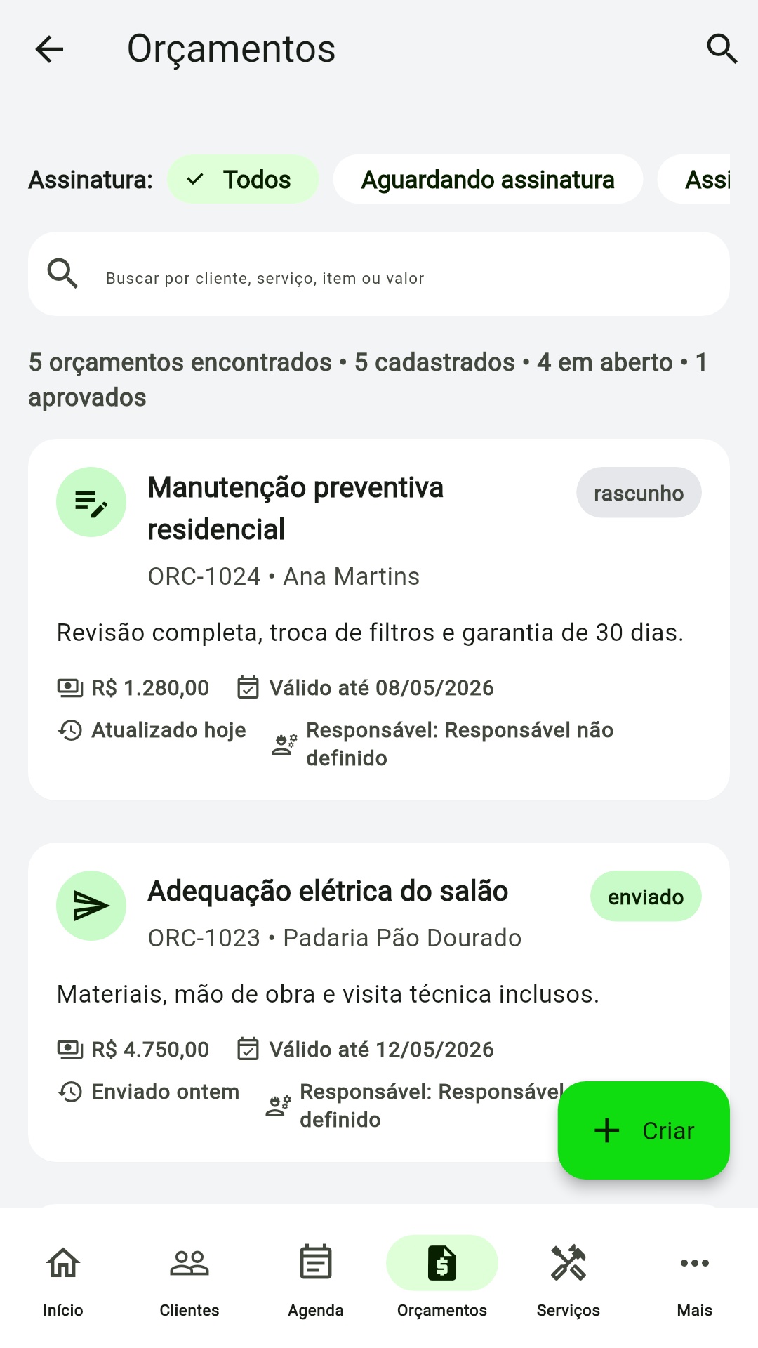 Tela do app: Orçamentos