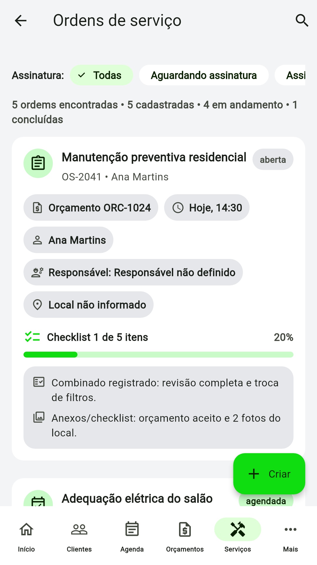 Tela do app: Como usar checklist na ordem de serviço